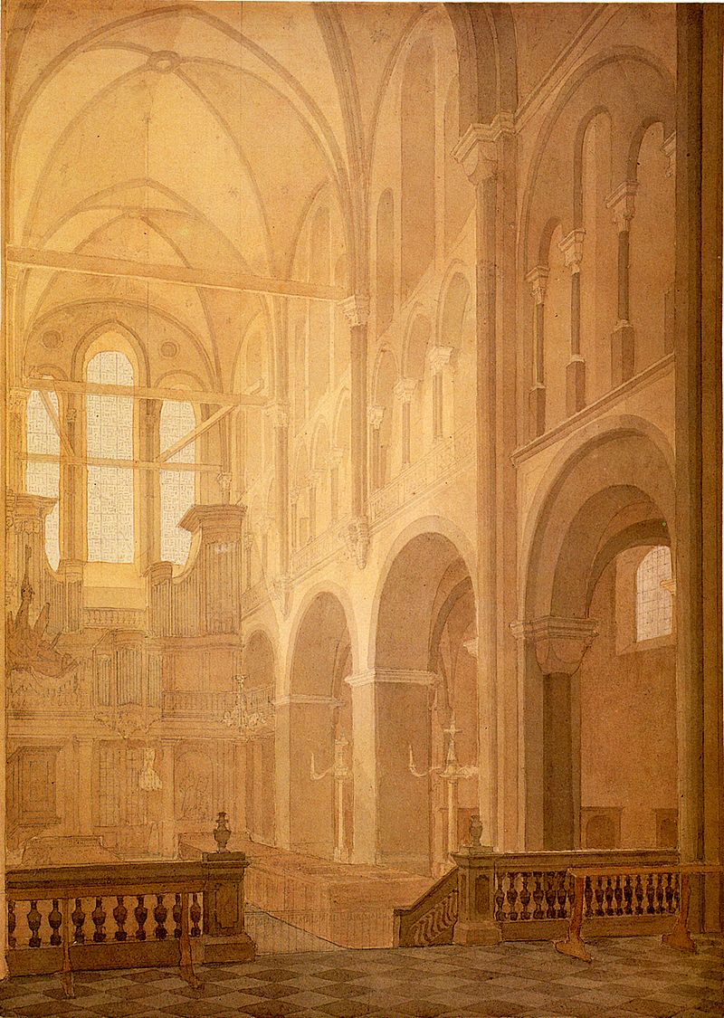 Blick vom Hochaltar in Richtung Westportal mit Orgel, Lithographie von Thomas Cranz, koloriert von Adolph Wegelin von 1838 bis 1841