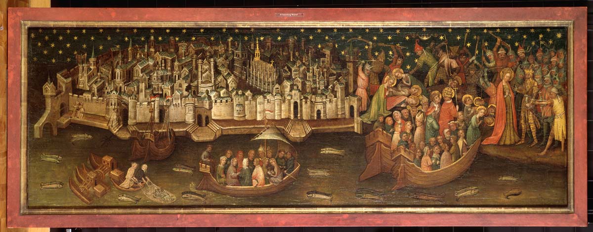 Das Martyrium der hl. Ursula und ihrer Gefährtinnen vor der Stadt Köln (Meister der kleinen Passion; 1411-1414; Leinwand 60x179cm; Wallraf-Richartz-Museum; WRM 0051) Zugleich die älteste bekannte, topographisch korrekte Stadtansicht Kölns