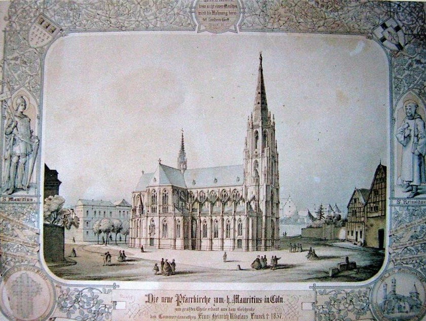 Replik einer Zeichnung aus dem Kirchenarchiv St. Mauritius mit dem neugotischen Kirchenbau am früheren Standort des Benediktinerinnenpriorats Sankt Mauritius in Köln (unbekannter Künstler aus dem späten 19. Jahrhundert).