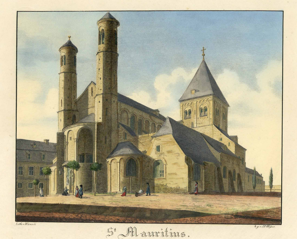 Die romanische Kirche St. Mauritius;  Lithographie v. Wünsch n. Weyer, 1827